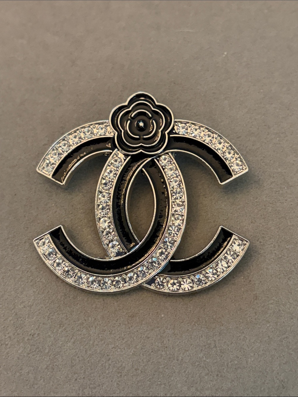 Black Crystal Double-C Logo Camellia Brooch